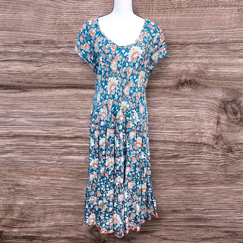 Soft Surroundings Kara Maxi Dress Large TealFloral Boho Tiered Cottagecore  2X - Picture 3 of 9